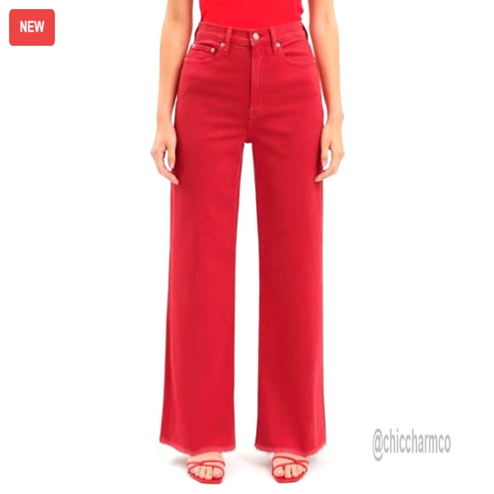 High Waisted Stretch Denim Jeans Straight Leg Flare Raw Hem Pants - Picture 4 of 7